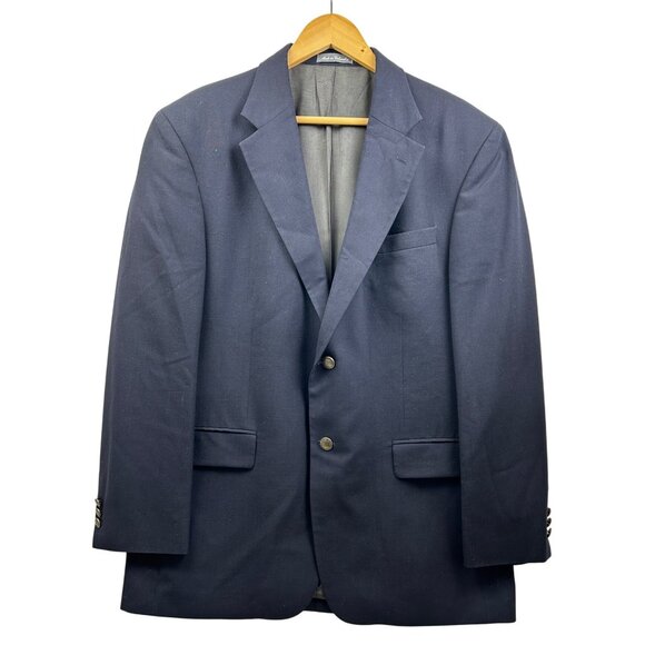 Vtg Oscar de la Renta Blazer Jacket Mens 46R Navy Wool 2-Button Gold Crest - Picture 1 of 10